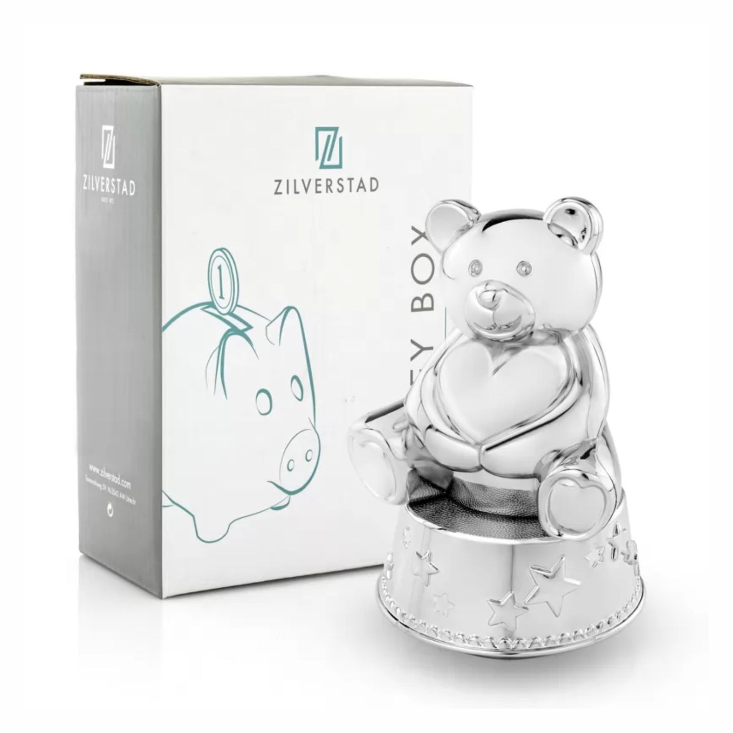 Zilverstad -Spardose mit Spieluhr Bär Herz aus Metall