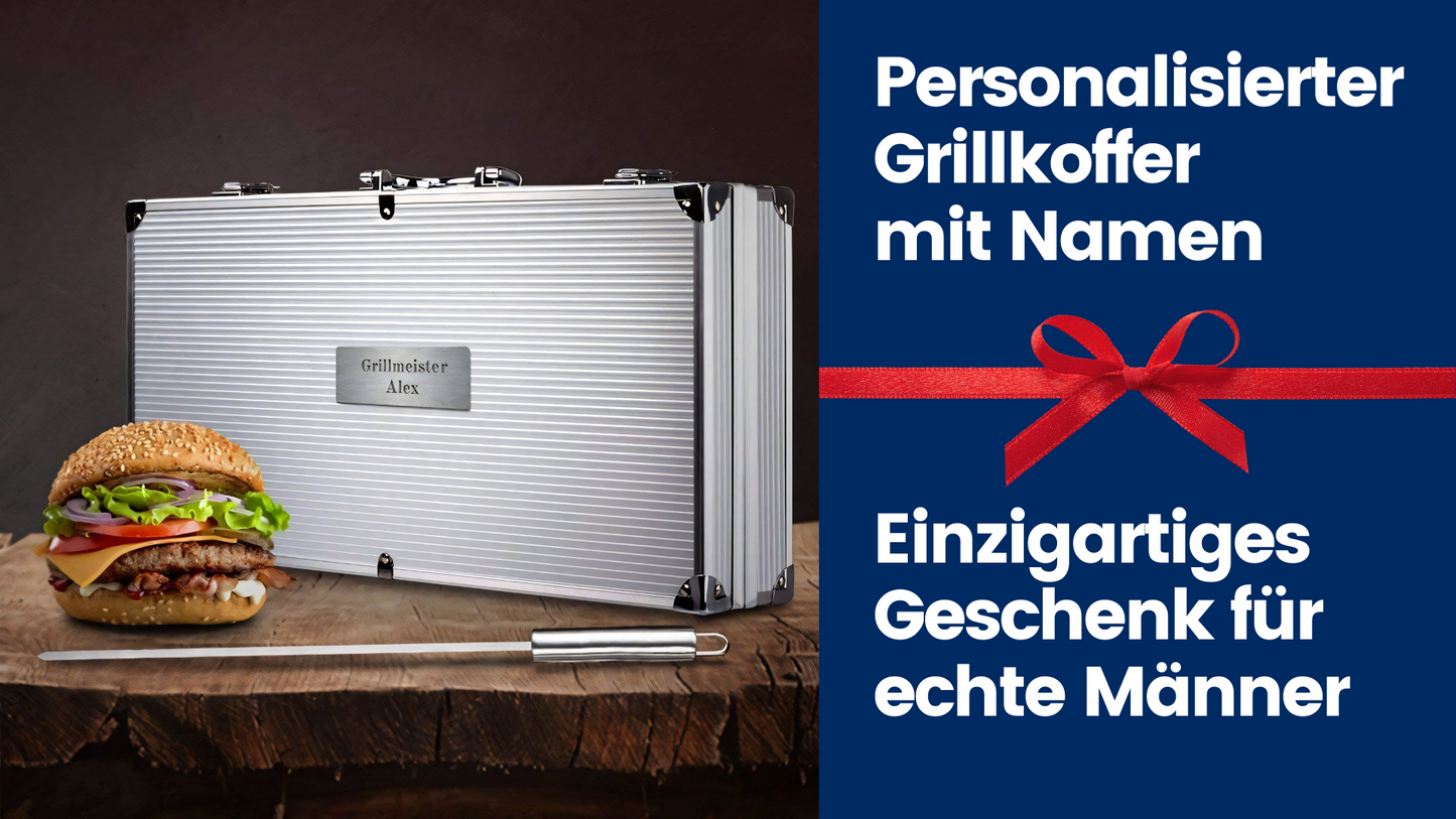 Grillkoffer Personalisiert mit Gravur I Grillzubehör 30-teilig Personalisiert mit Grillzange, Spießen, Steakmesser I Geschenkidee Vater Geschenke für Männer