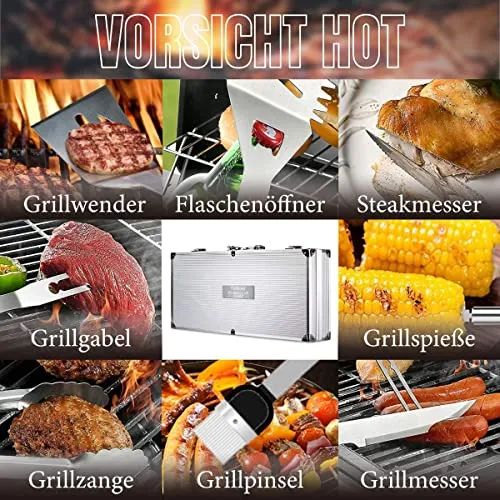 Grillkoffer Personalisiert mit Gravur I Grillzubehör 30-teilig Personalisiert mit Grillzange, Spießen, Steakmesser I Geschenkidee Vater Geschenke für Männer