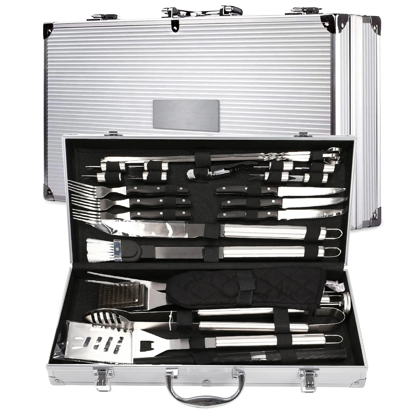 Grillkoffer Personalisiert mit Gravur I Grillzubehör 30-teilig Personalisiert mit Grillzange, Spießen, Steakmesser I Geschenkidee Vater Geschenke für Männer