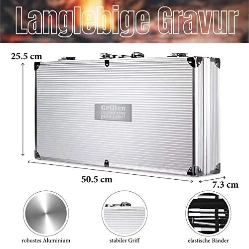 Grillkoffer Personalisiert mit Gravur I Grillzubehör 30-teilig Personalisiert mit Grillzange, Spießen, Steakmesser I Geschenkidee Vater Geschenke für Männer