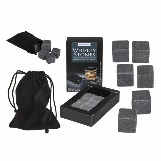 6er Pack Whiskey Stones mit schwarzem Samtbeutel in Geschenkkarton
